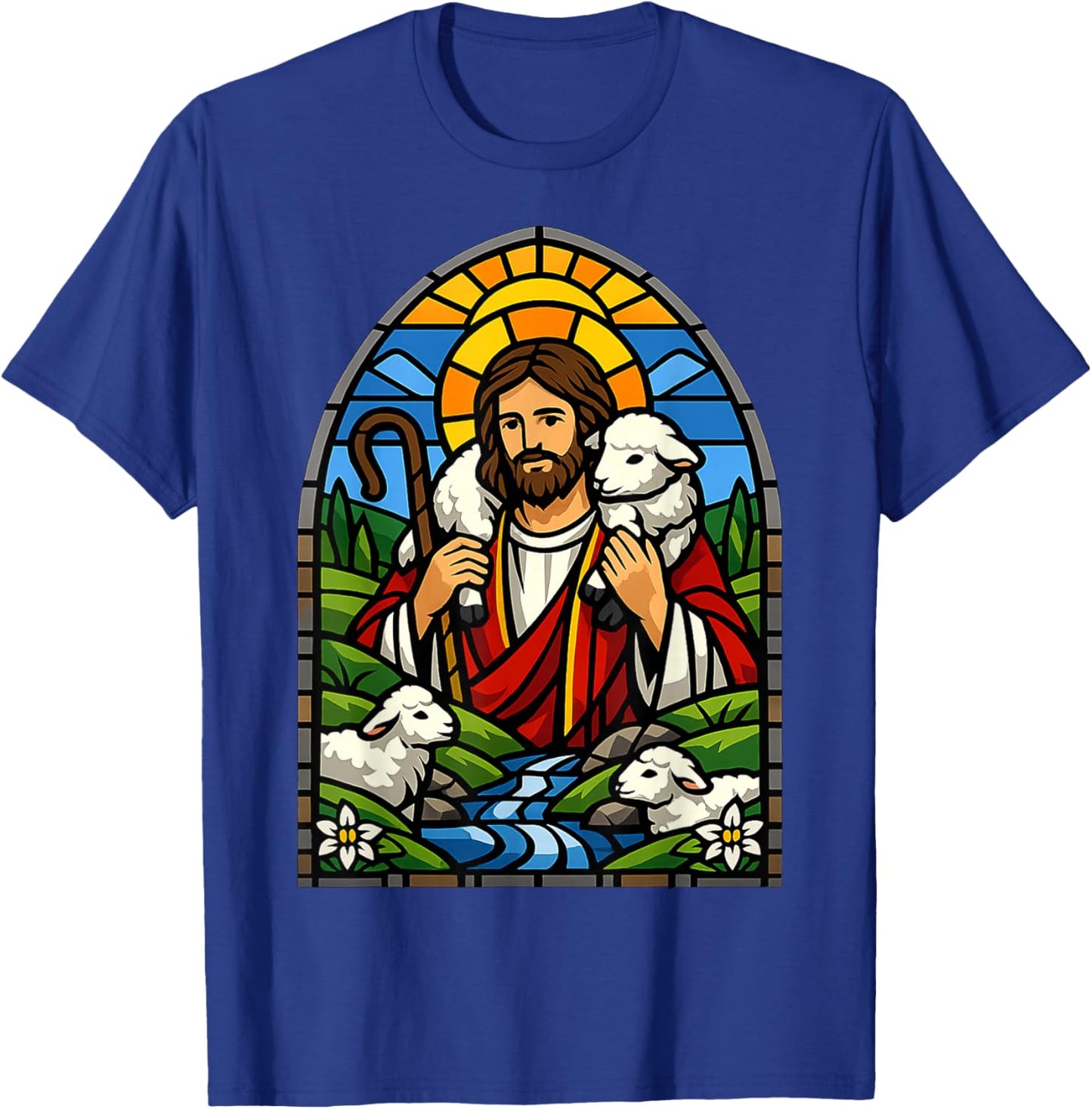 Stained Glass Jesus Shepherd with Lambs Christian Art Design T-Shirt - T-Shirt | Royal