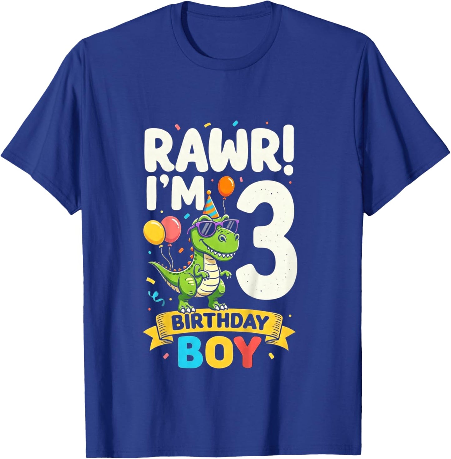 Kids Three 3yr 3rd Birthday Rawr Dinosaur 3 Year Old Birthday Boy T-Shirt - T-Shirt | Royal