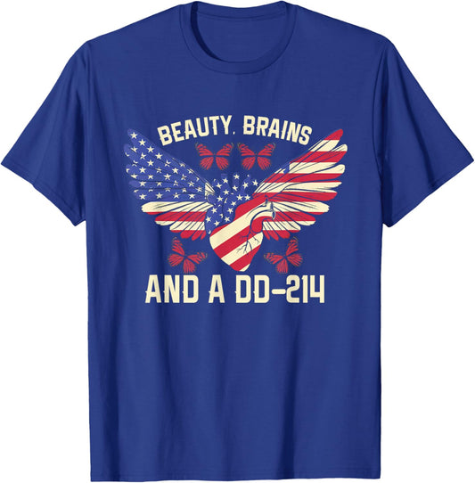Beauty Brains and A DD-214 Strong Veteran Woman American T-Shirt - T-Shirt | Royal