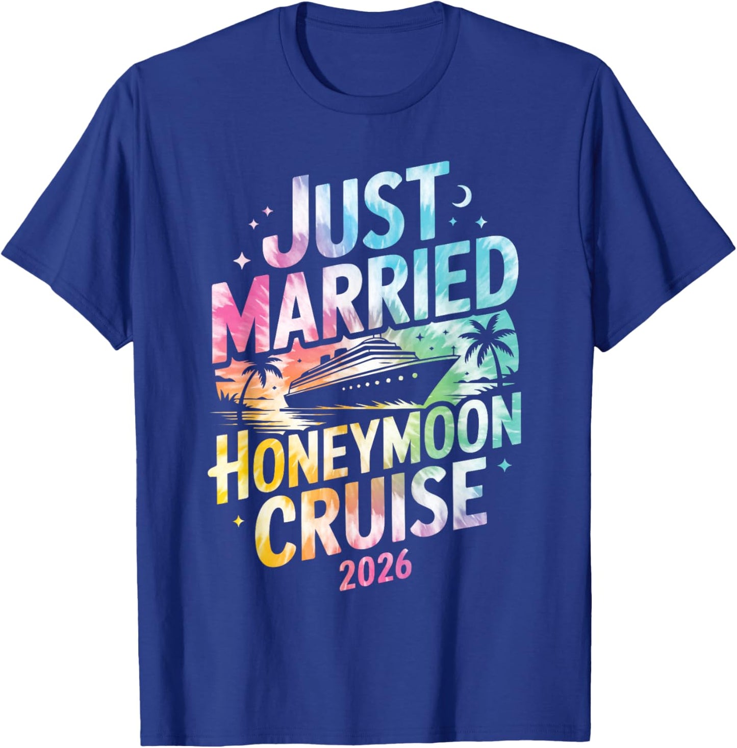 Just Married Honeymoon Cruise 2026 Trip Retro Tie Dye T-Shirt - T-Shirt | Royal