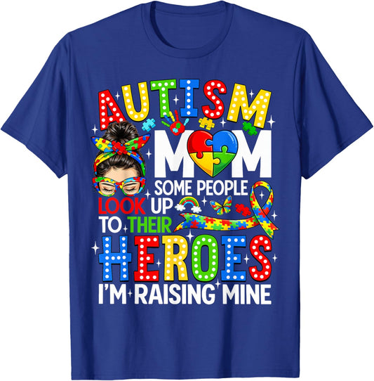 Autism Mom Raising Hero Messy Bun Autism Awareness Women T-Shirt - T-Shirt | Royal