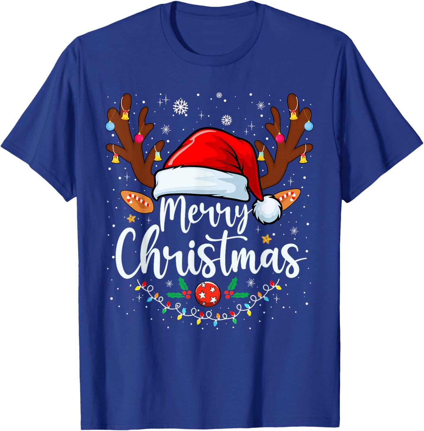 Merry Christmas Red Santa Hat Reindeer Xmas Matching Family T-Shirt - T-Shirt | Royal