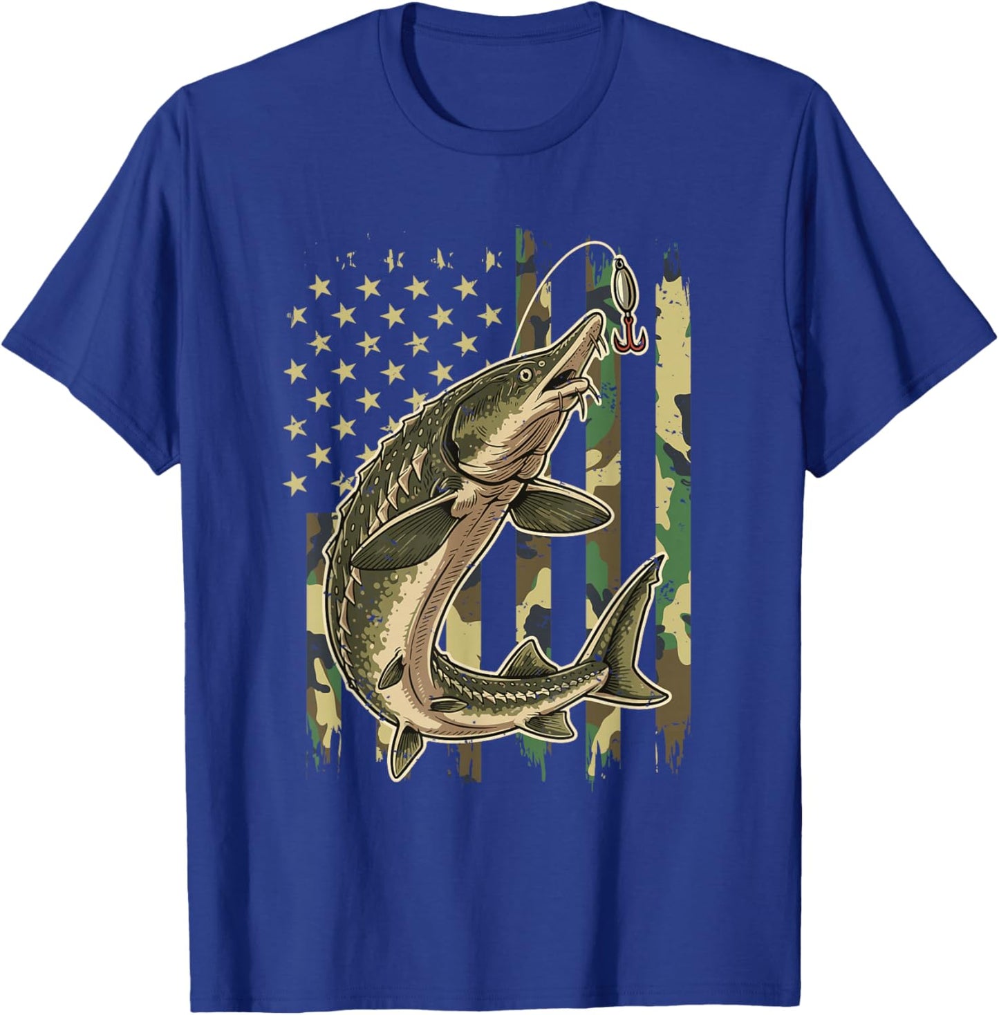 Vintage Sturgeon Fishing Camo American Flag Fisherman T-Shirt - T-Shirt | Royal