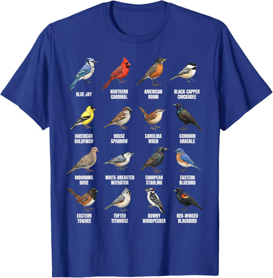 Backyard Birds of North America Bird Species Chart T-Shirt - T-Shirt | Royal