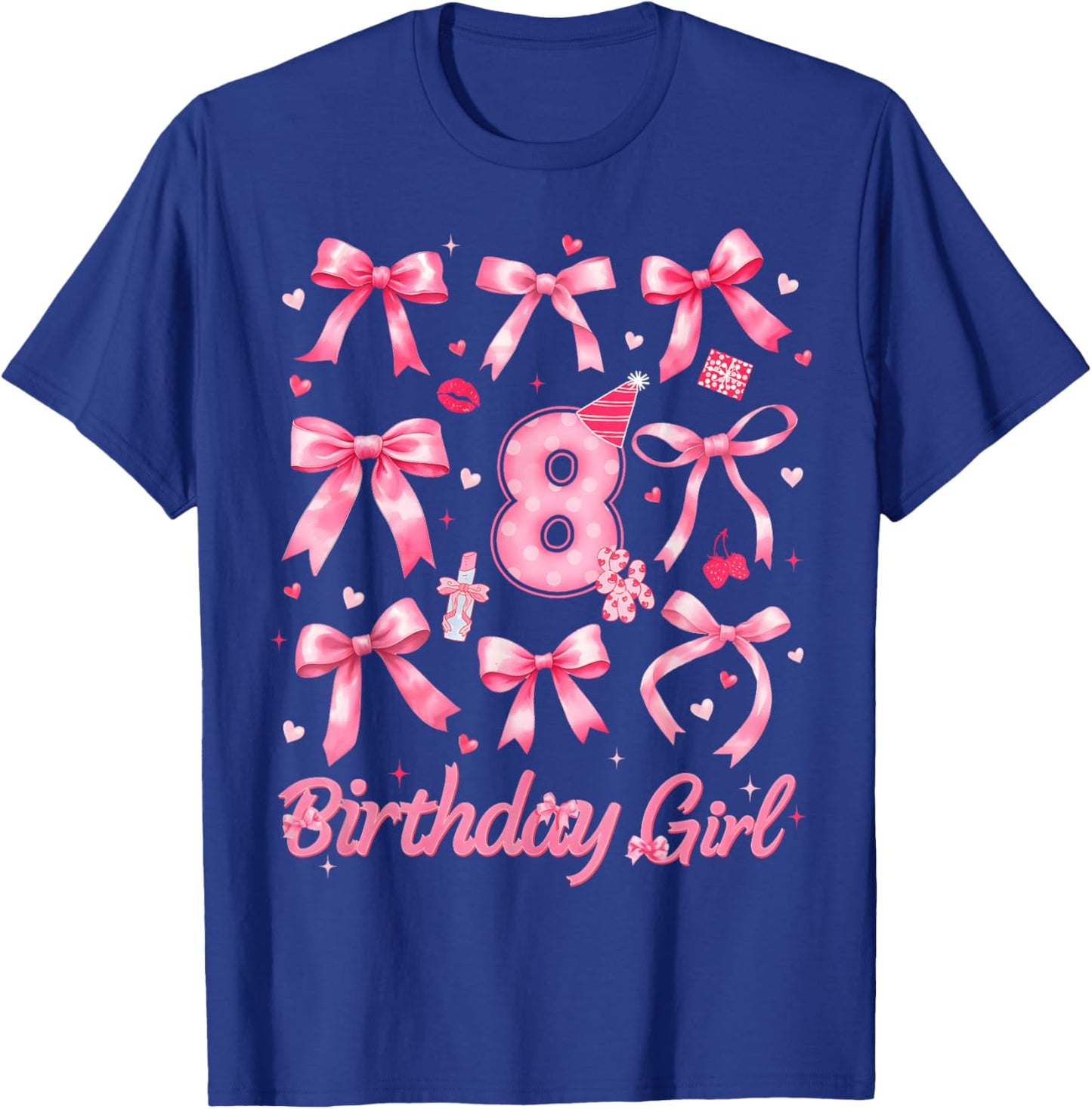 8th Birthday 8 Years Old Coquette Bow Pink Birthday Girl T-Shirt - T-Shirt | Royal