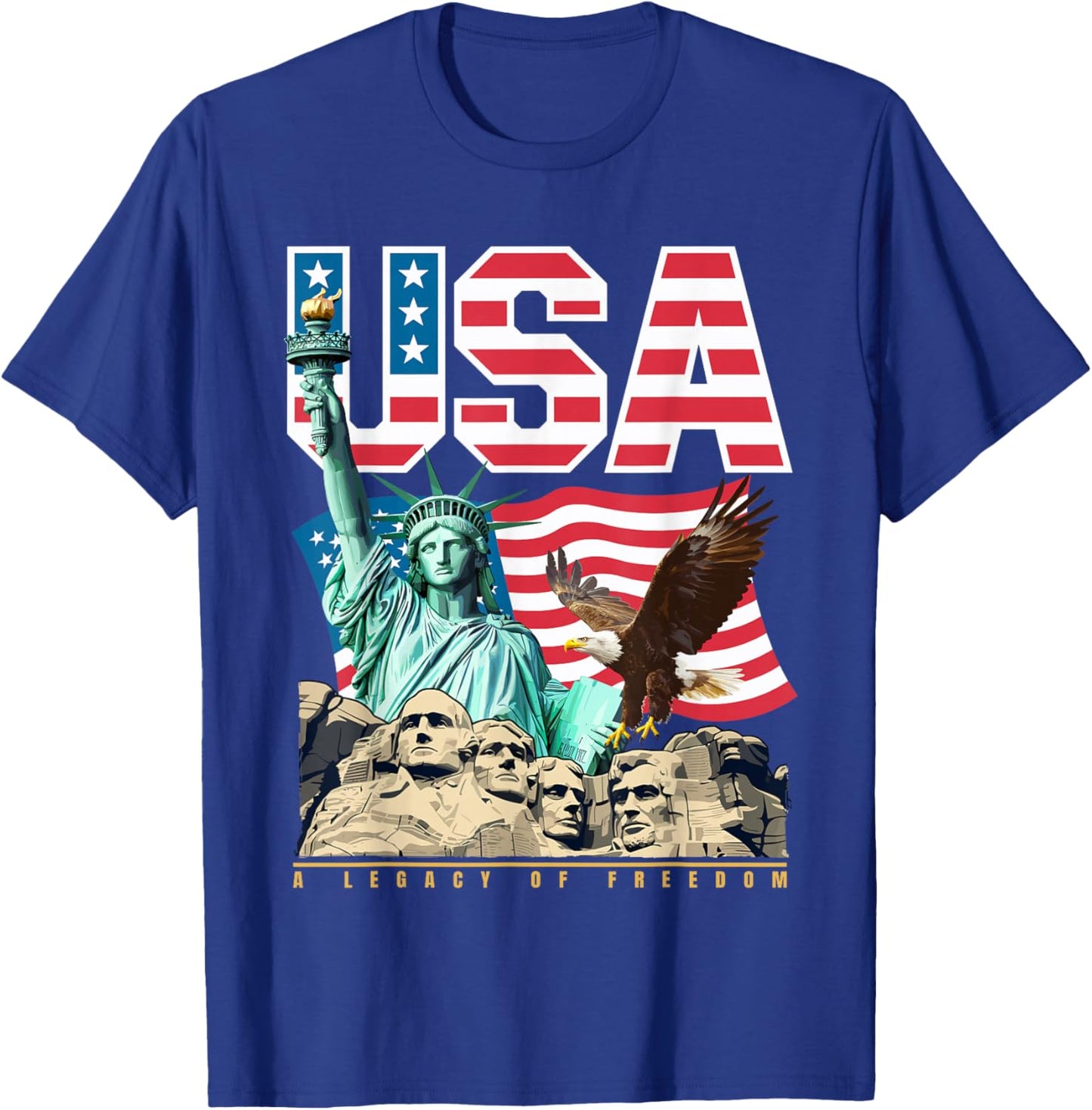 USA Patriotic Graphic Statue of Liberty Eagle Mount Rushmore T-Shirt - T-Shirt | Royal