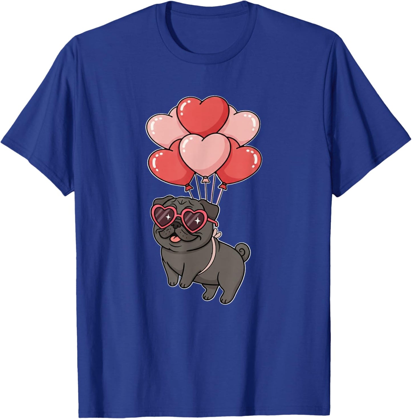 Girls Valentines Day Heart Balloons Black Pug Lover T-Shirt - T-Shirt | Royal