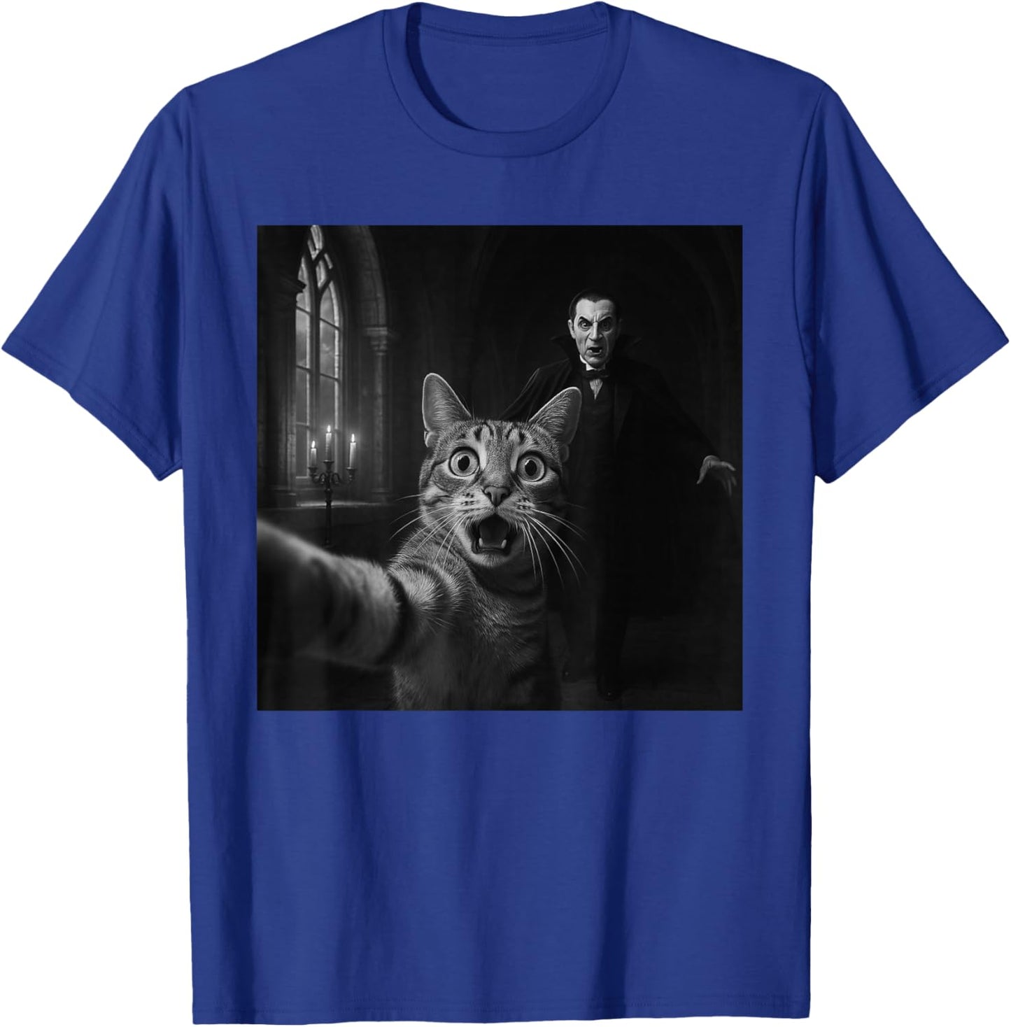 Funny Halloween Surprised Scared Cat Selfie Dracula Vampire T-Shirt - T-Shirt | Royal