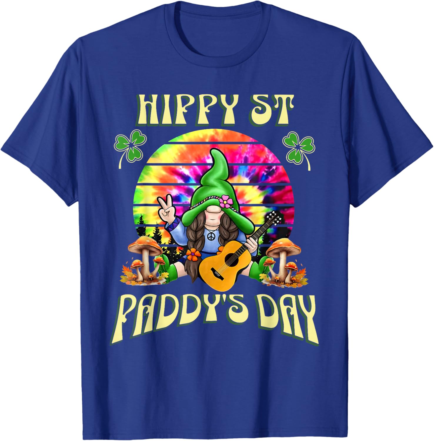 Hippy St Paddy's Day Tie Dye Gnome Guitar St Patrick Hippie T-Shirt - T-Shirt | Royal