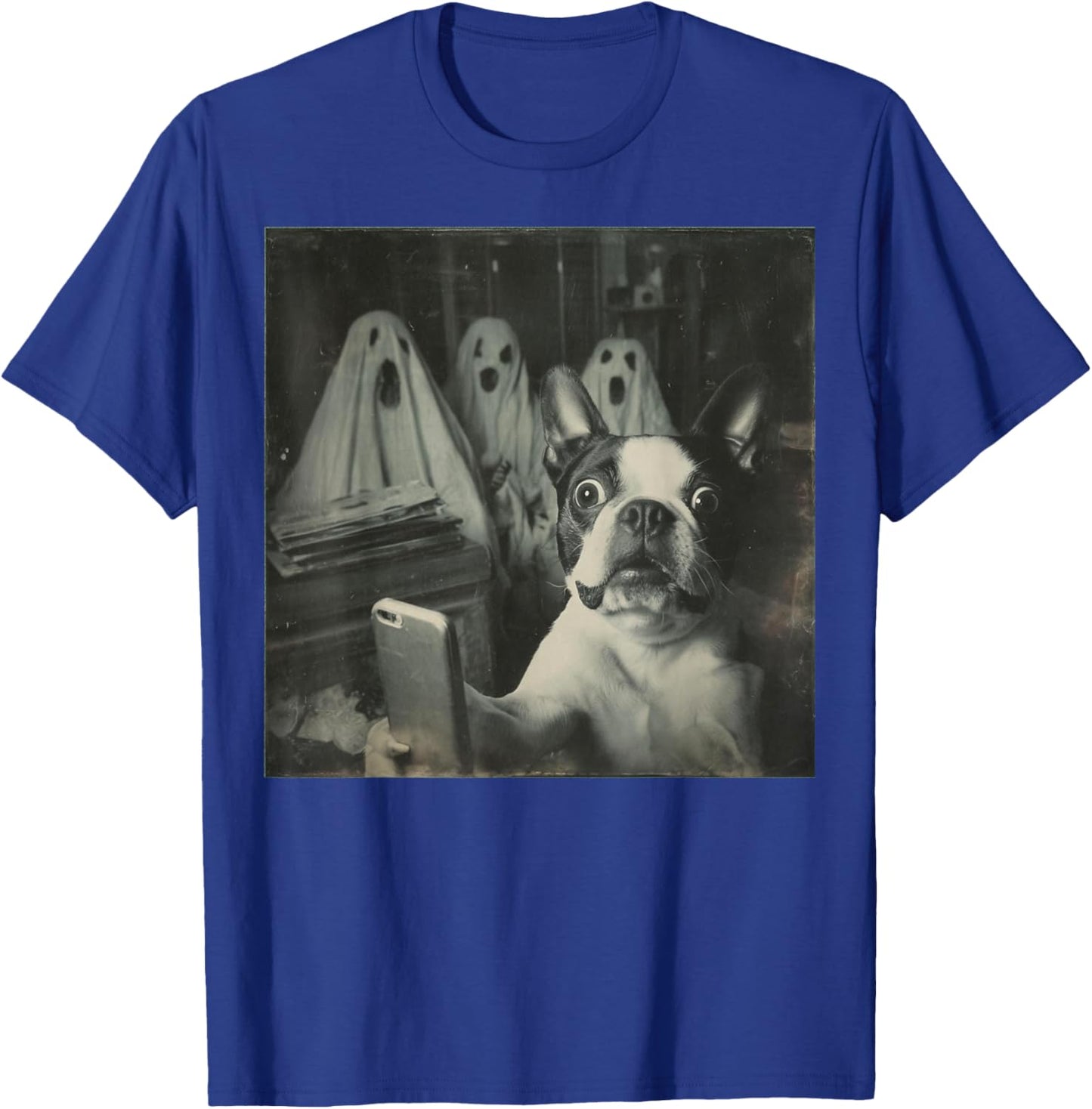 Funny Boston Terrier Selfie with Ghosts, Halloween Dog Lover T-Shirt - T-Shirt | Royal