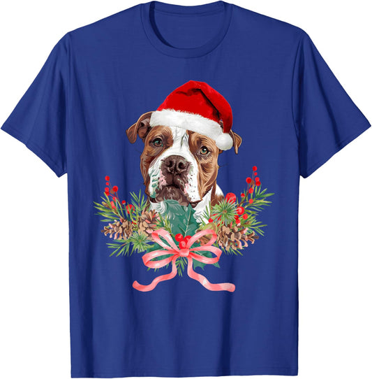 Pitbull Dog Santa Hat Wreath Merry Christmas Pajamas Kids T-Shirt - T-Shirt | Royal