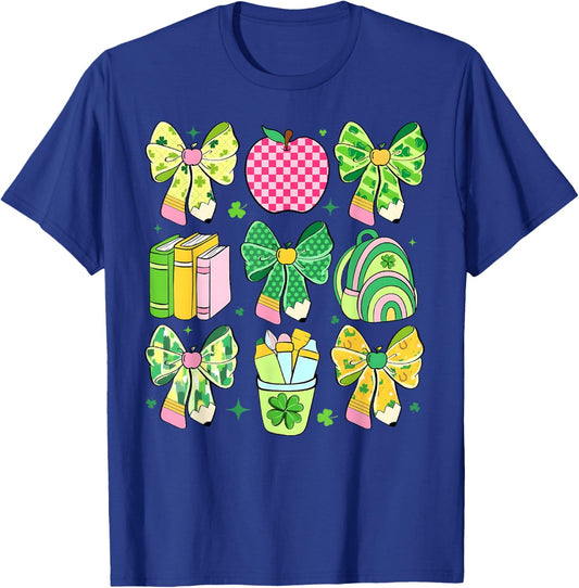 Lucky Teacher St Patrick's Day Coquette Bow Book Apple T-Shirt - T-Shirt | Royal