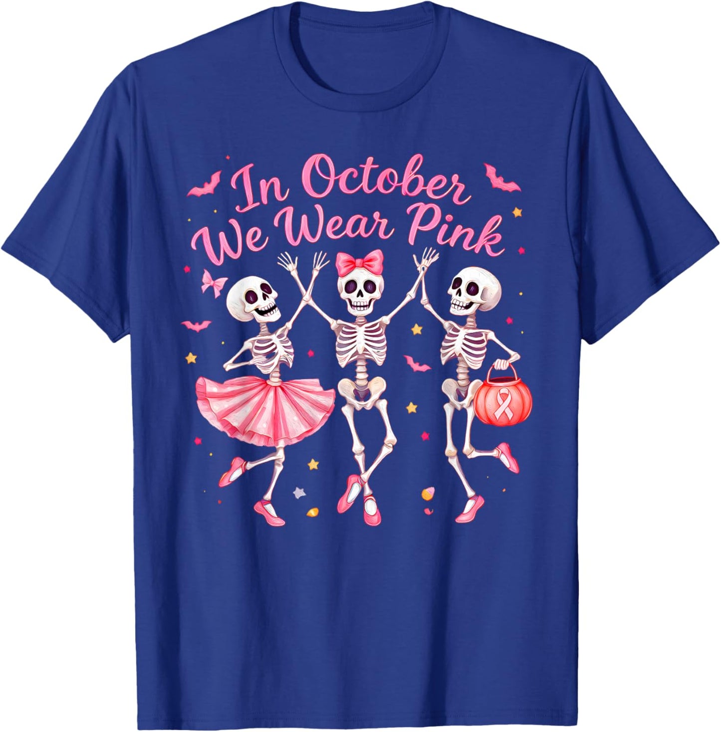 in October We Wear Pink Dancing Skeleton Breast Cancer T-Shirt - T-Shirt | Royal