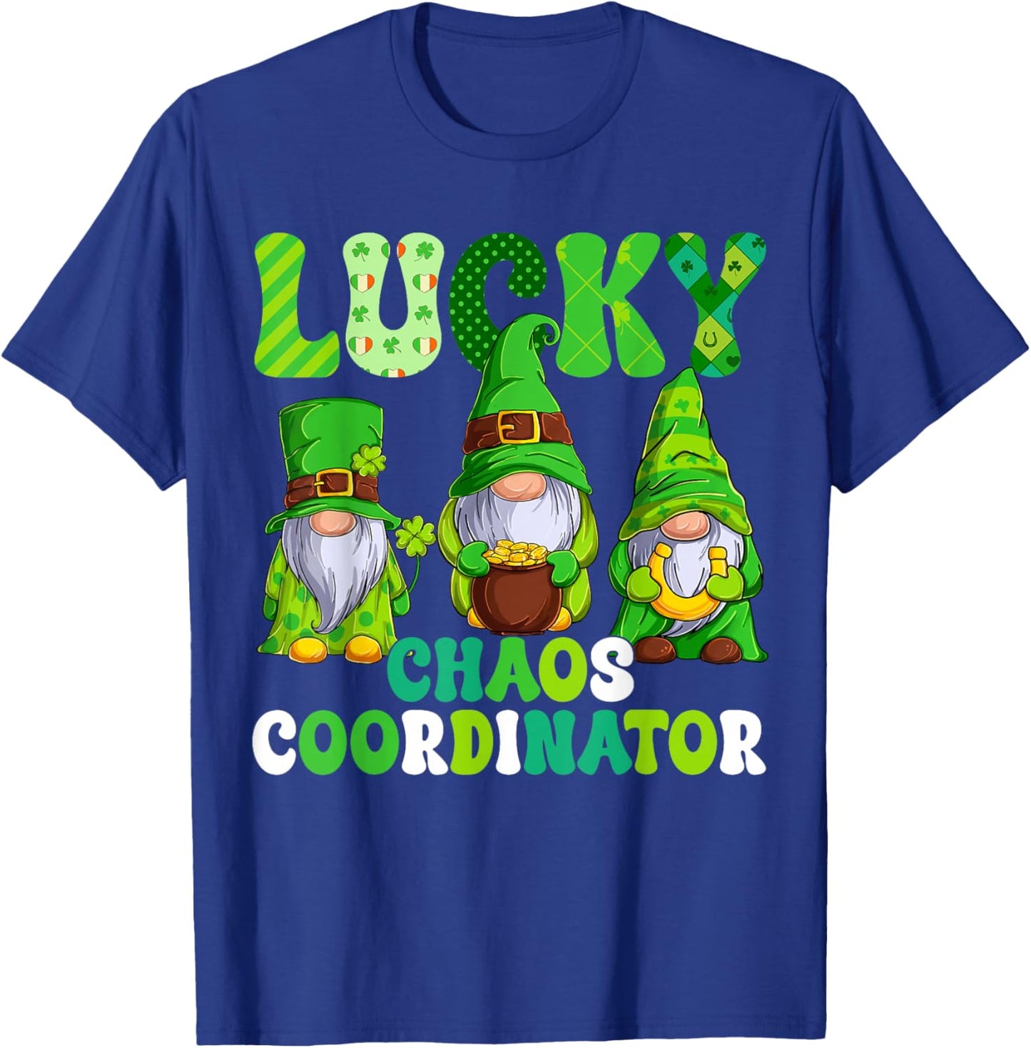 Lucky Chaos Coordinator Shamrock Leopard Gnomes Irish Women T-Shirt - T-Shirt | Royal