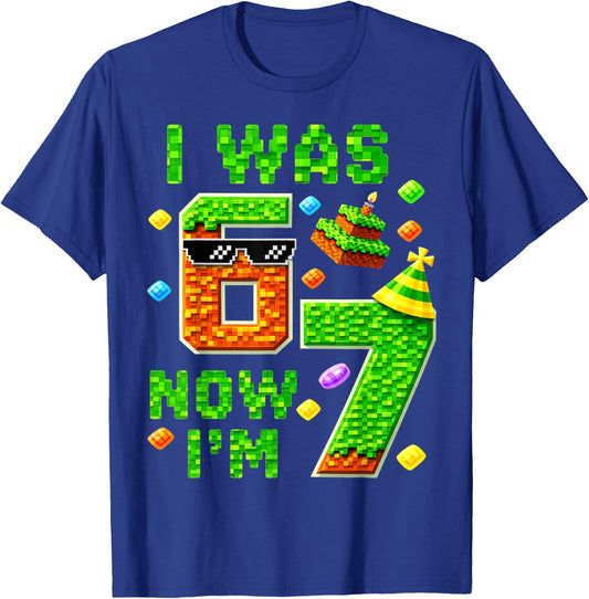 I was 6 Now I'm 7 Pixel Gamer Birhtday Boy Gift Boys Kid T-Shirt - T-Shirt | Royal