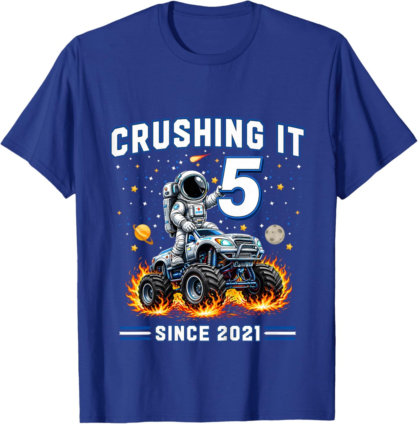 Kids 5th Birthday Monster Truck Astronaut 5 Year Old Boys Kids T-Shirt - T-Shirt | Royal