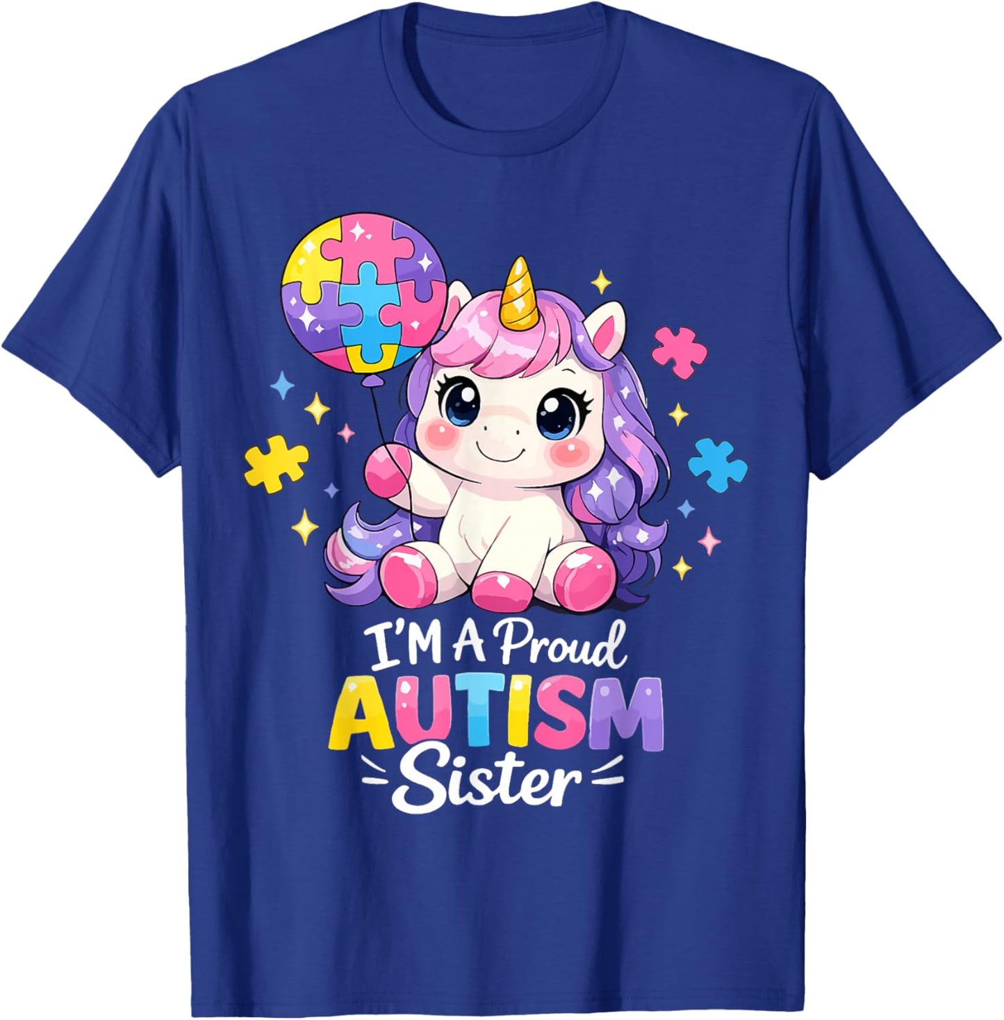 Proud Sister Autism Awareness Cute Unicorn Puzzle Girls T-Shirt - T-Shirt | Royal