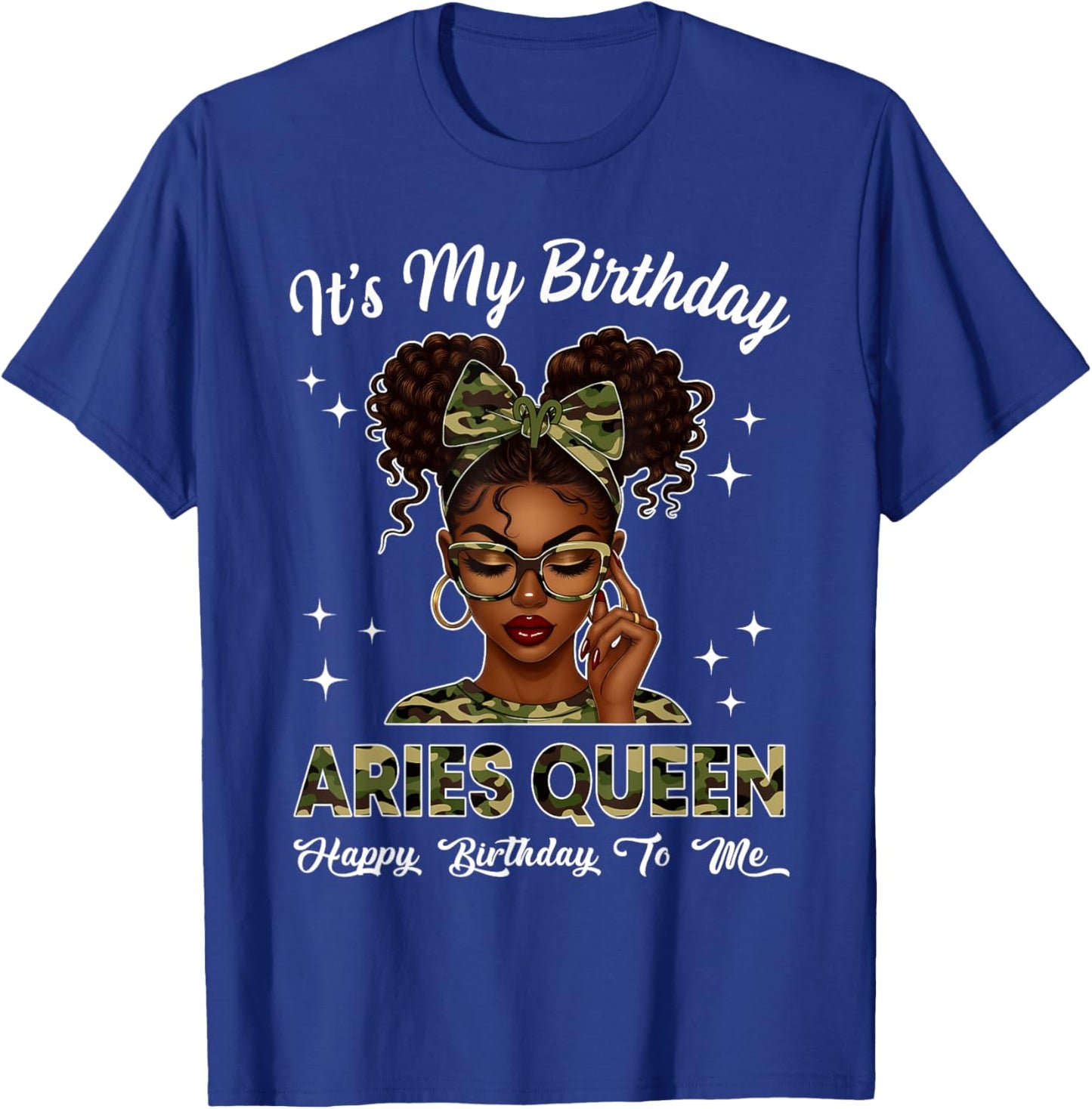 It's My Birthday Aries Queen Camo Bow Afro Black Girl T-Shirt - T-Shirt | Royal