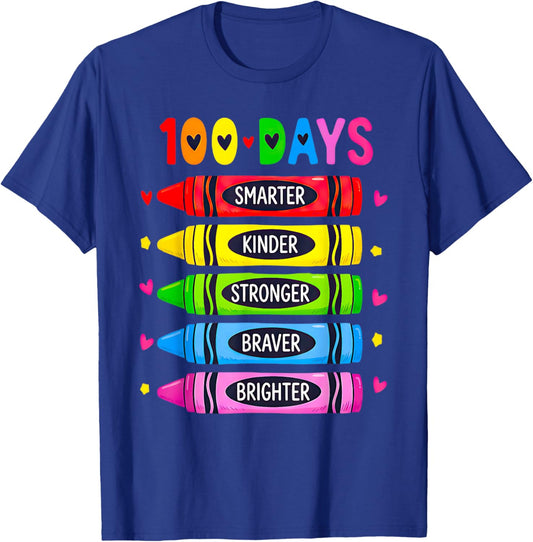100 Days of School Smarter Stronger Braver Brighter Teacher T-Shirt - T-Shirt | Royal