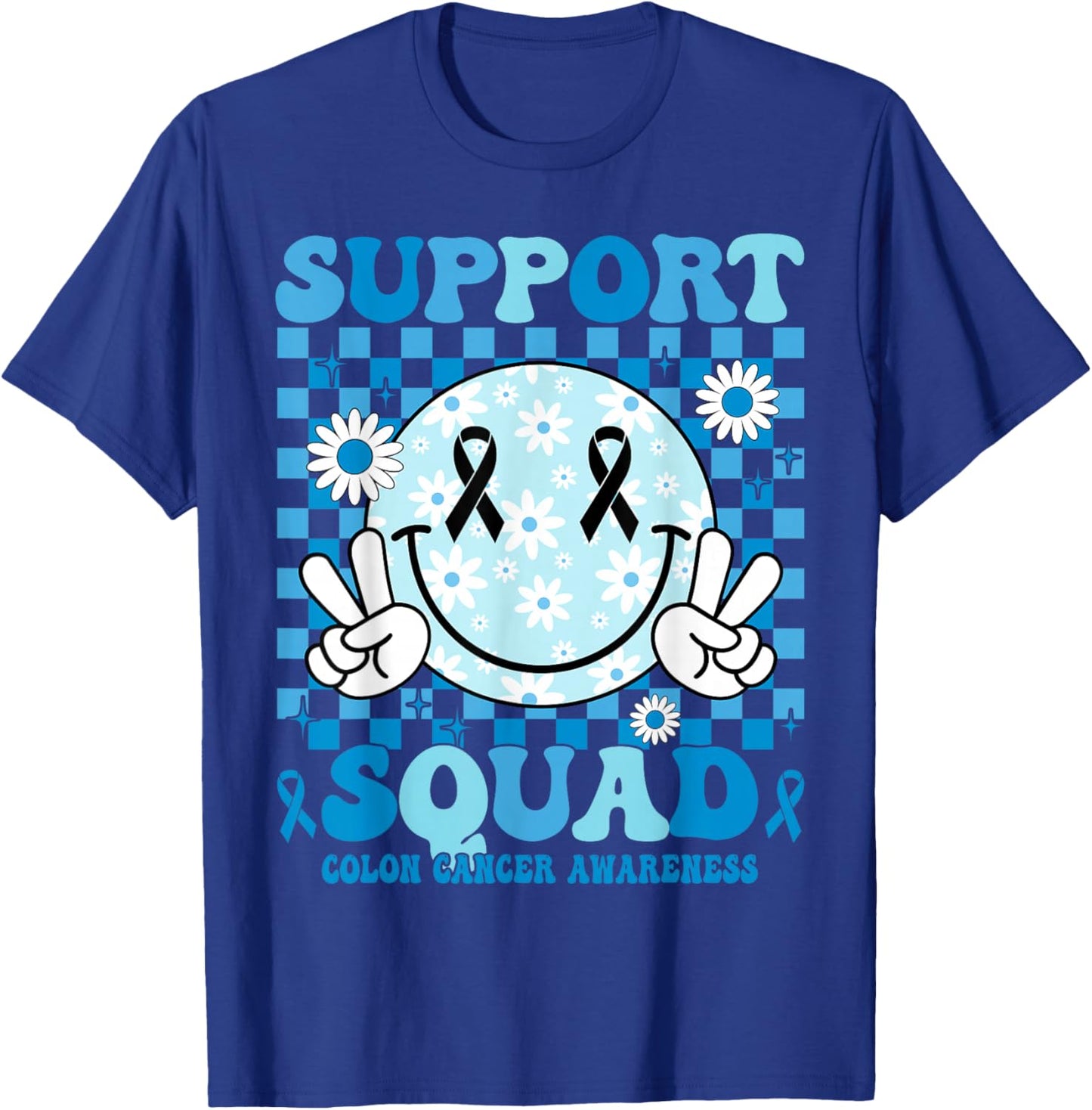 Support Squad Blue Ribbon Smile Face Colon Cancer Awareness T-Shirt - T-Shirt | Royal