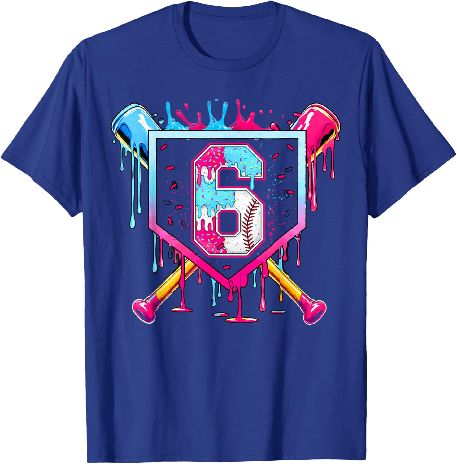 6th Birthday Boys Baseball Ice Cream Drip Bday Boys Baseball T-Shirt - T-Shirt | Royal