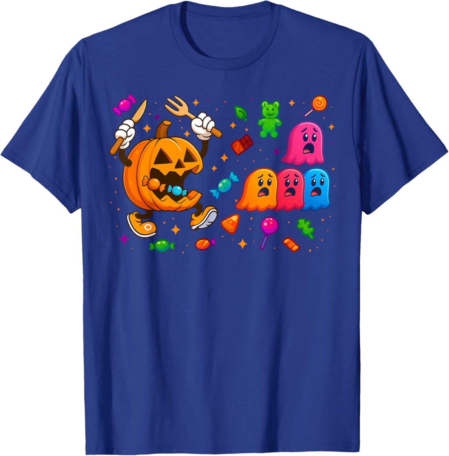 Gamer Pumpkin Eating Ghost Halloween Costume Men Boys Kids T-Shirt - T-Shirt | Royal