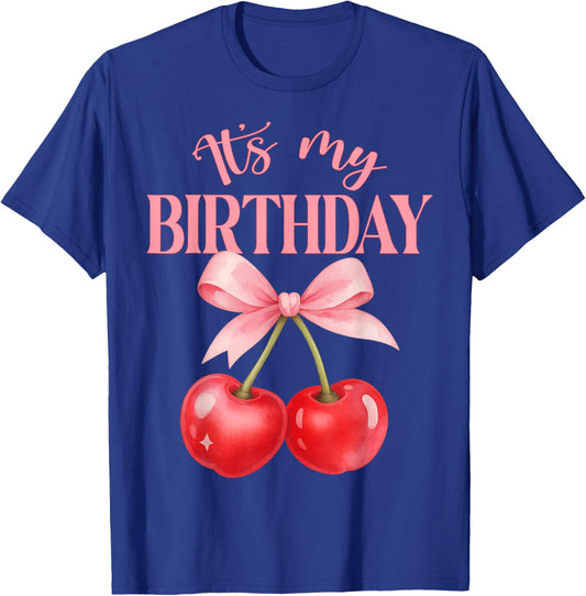 It's My Birthday Cute Coquette Bow Cherry Birthday Girl Kids T-Shirt - T-Shirt | Royal