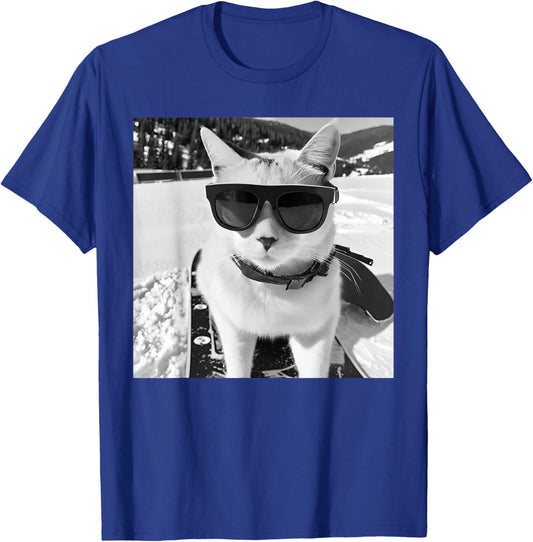 Cat at The Ski Slopes and Snowboarder T-Shirt - T-Shirt | Royal