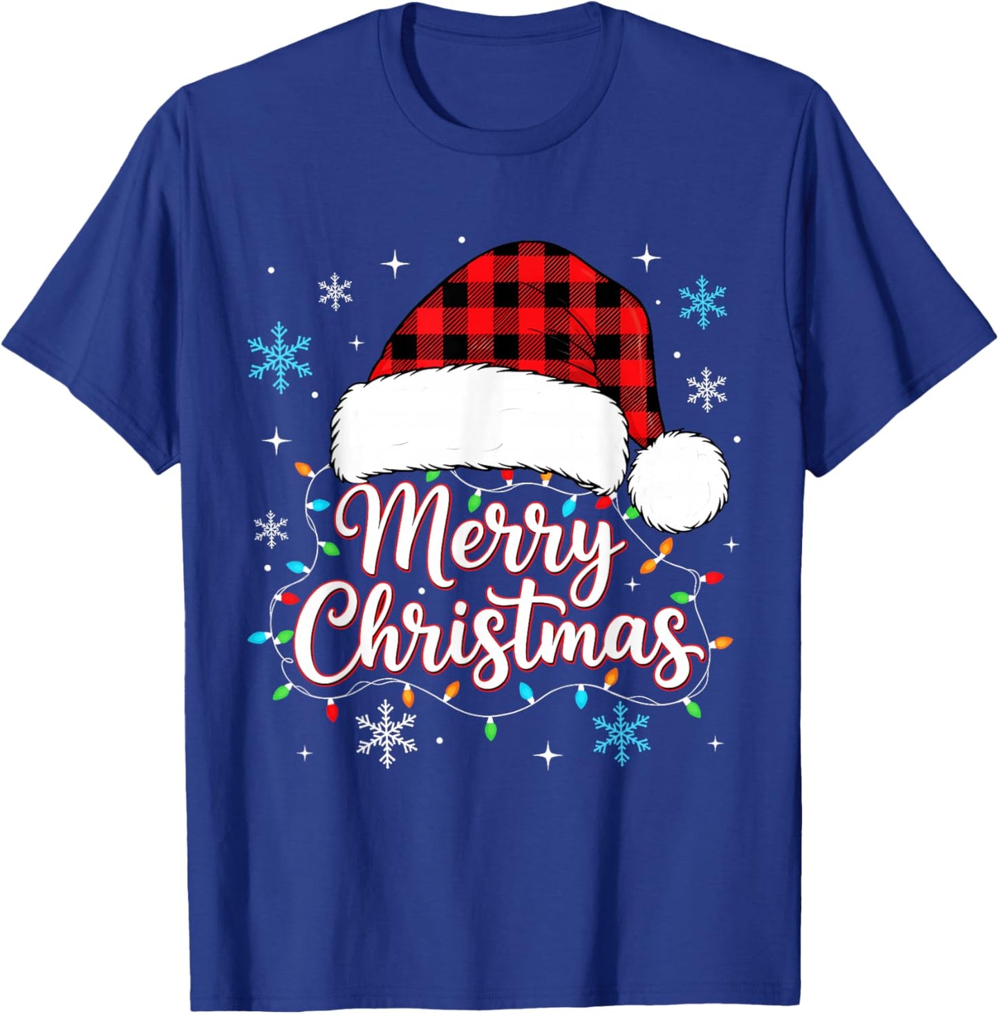 Funny Merry Christmas Buffalo Plaid Santa Hat Men Women Kids T-Shirt - T-Shirt | Royal