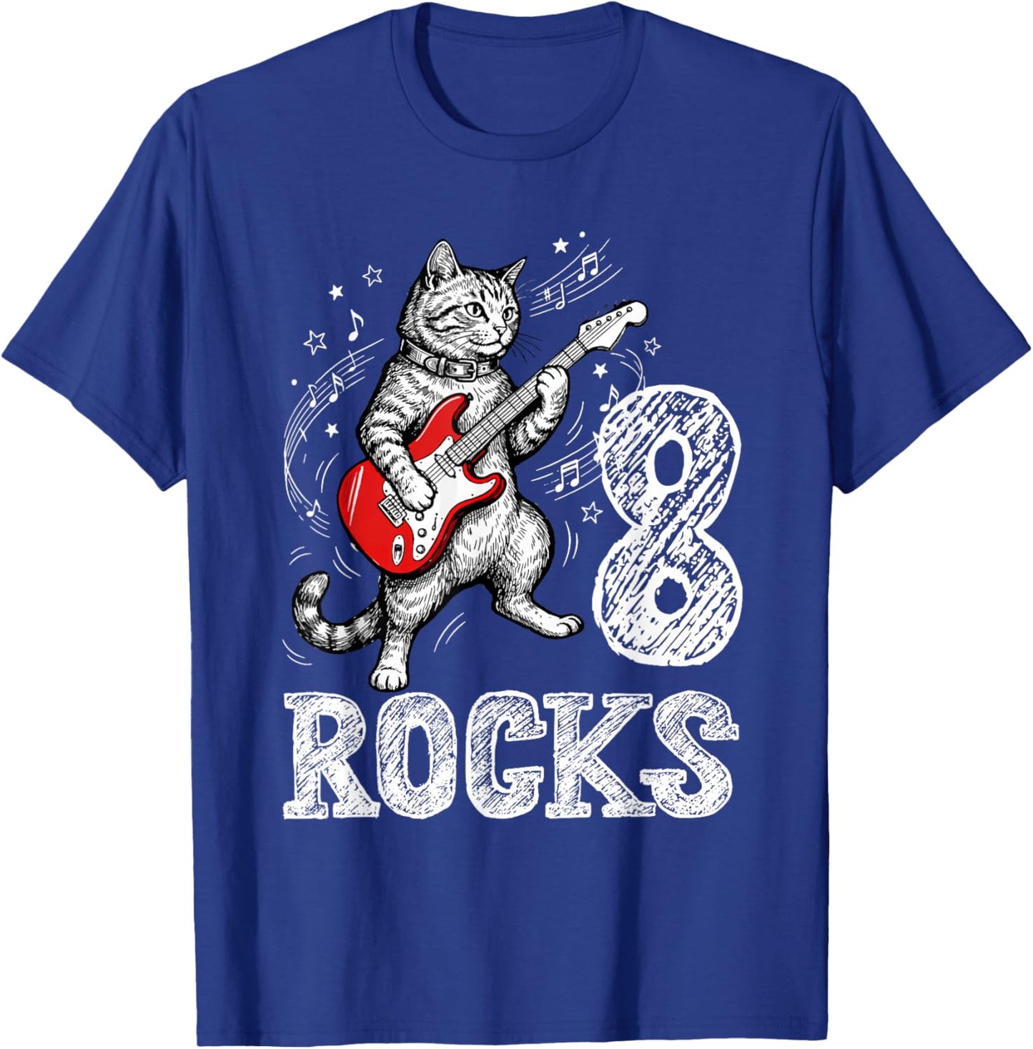 Funny Cat Playing Guitar 8 Rocks 8th Birthday Kids Gift T-Shirt - T-Shirt | Royal