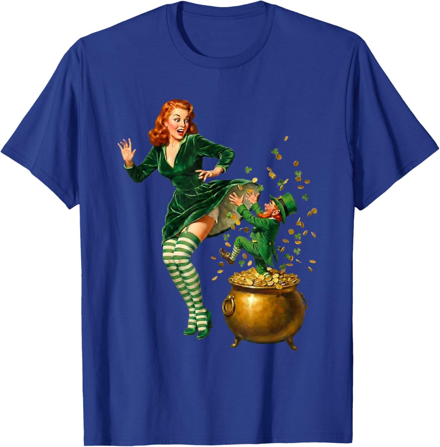 Vintage St Patricks Day Pinup Leprechaun Lucky Pot of Gold T-Shirt - T-Shirt | Royal