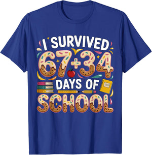 I Survived 67+34 Days of School Teacher 101 Days of School T-Shirt - T-Shirt | Royal