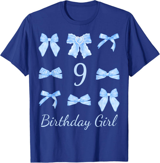 Cute 9 Year Old Birthday Girl Blue Bow and Ribbons T-Shirt - T-Shirt | Royal