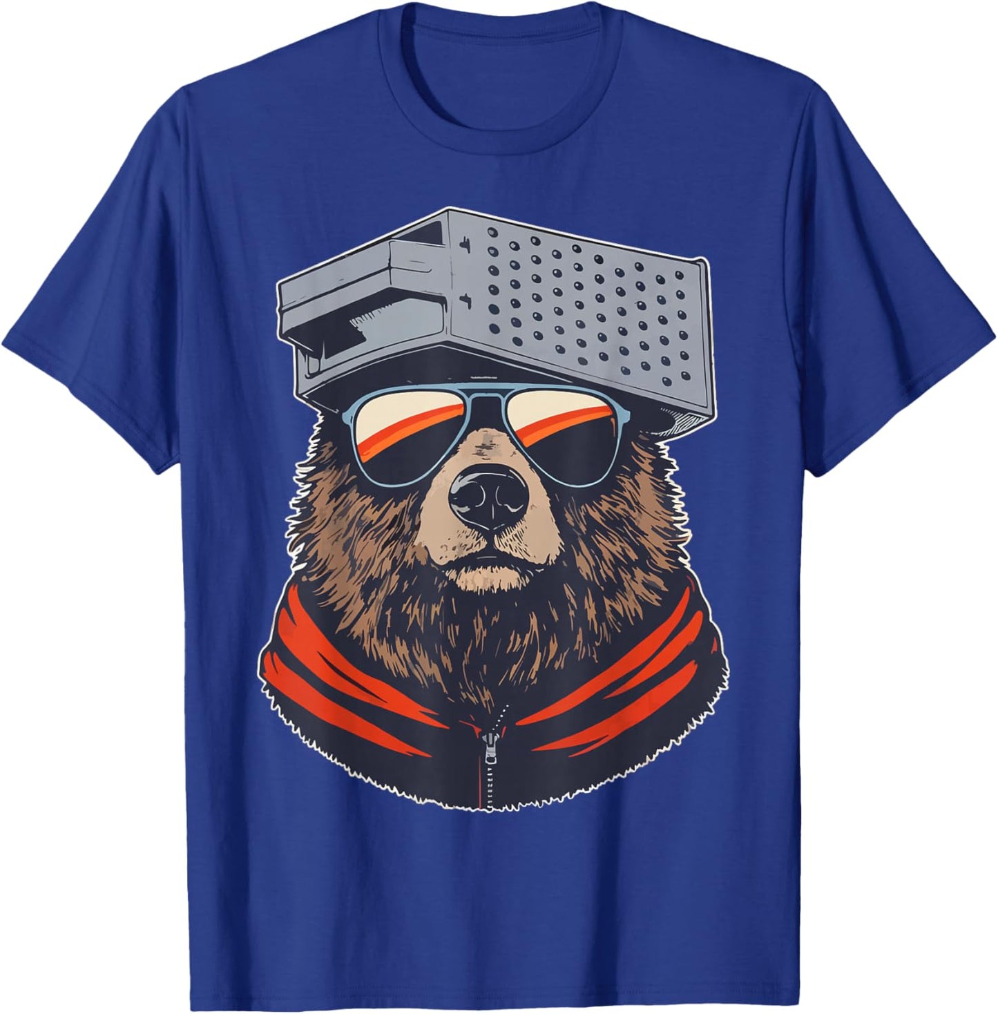 Retro Bear with Cheese Grater Hat and Sunglasses Sunse Funny T-Shirt - T-Shirt | Royal