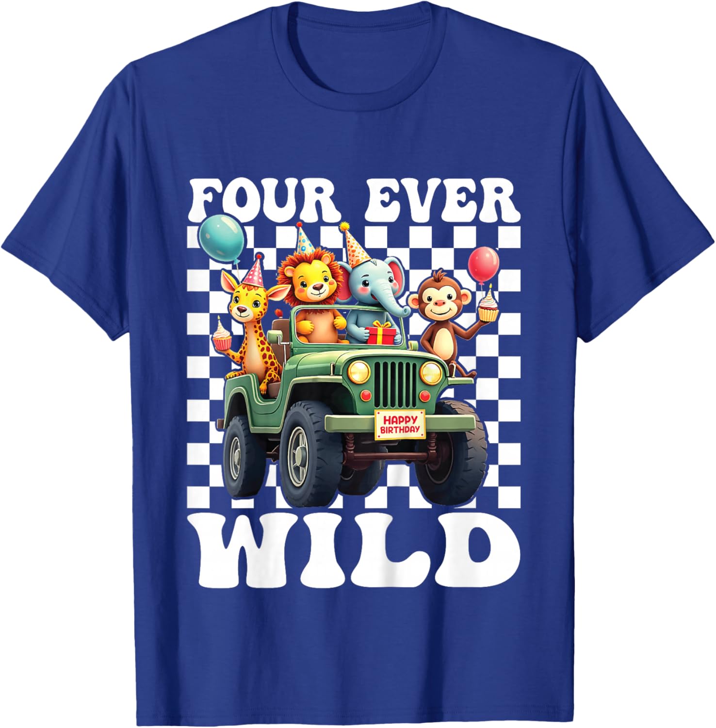 Four Ever Wild 4th Birthday 4 Year Old Birthday Zoo Safari T-Shirt - T-Shirt | Royal