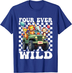 Four Ever Wild 4th Birthday 4 Year Old Birthday Zoo Safari T-Shirt - T-Shirt | Royal