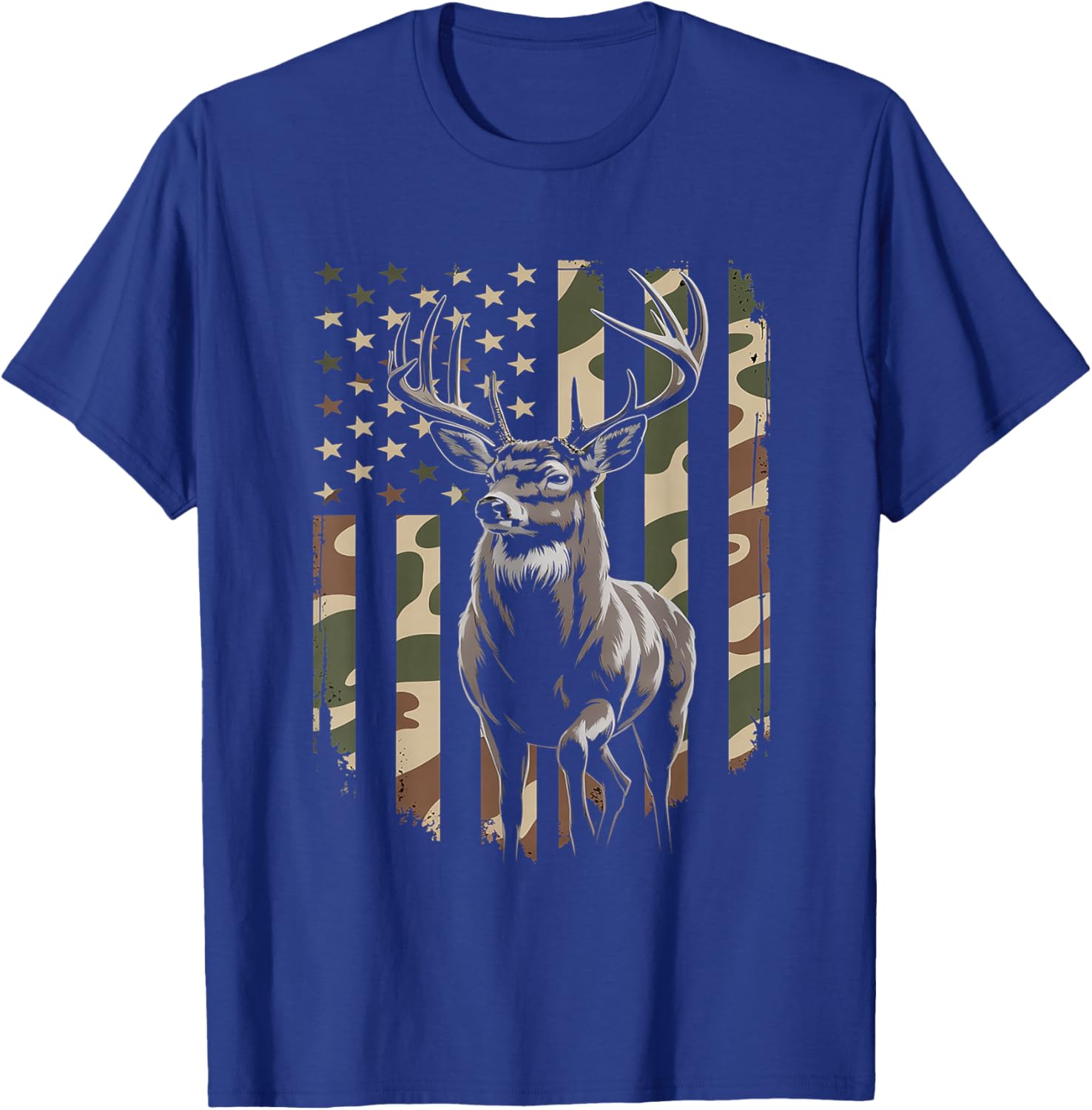 Deer Hunting Camo American Flag - Buck USA T-Shirt - T-Shirt | Royal