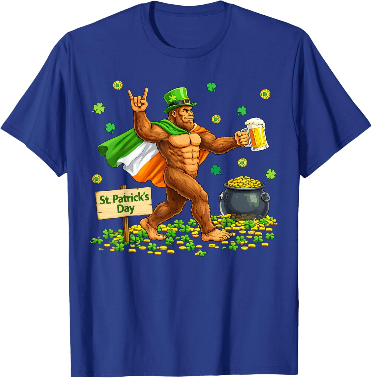 Bigfoot St Patrick's Day Irish Flag Cape Beer Rock Sasquatch T-Shirt - T-Shirt | Royal