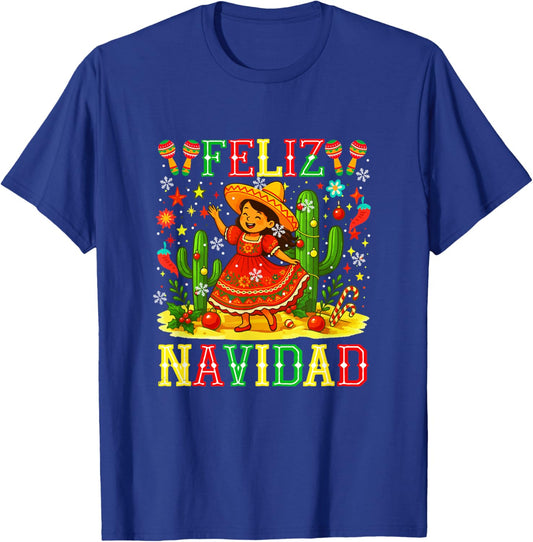 Feliz Navidad Christmas Girl Spanish Mexican Colorful T-Shirt - T-Shirt | Royal