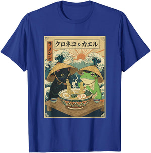 Black Cat Frog Eating Ramen Noodles Graphic T-Shirt - T-Shirt | Royal