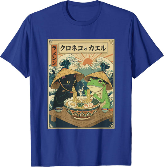 Black Cat Frog Eating Ramen Noodles Graphic T-Shirt - T-Shirt | Royal