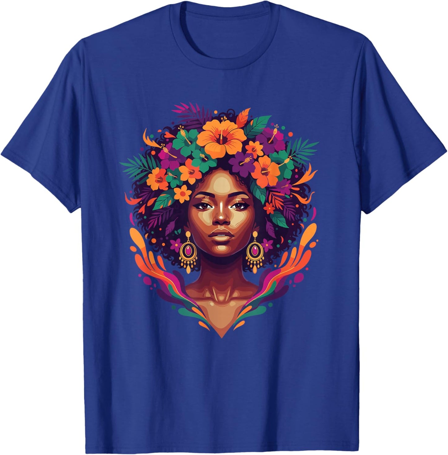 African American Afro Woman Floral Hibiscus Crown T-Shirt - T-Shirt | Royal