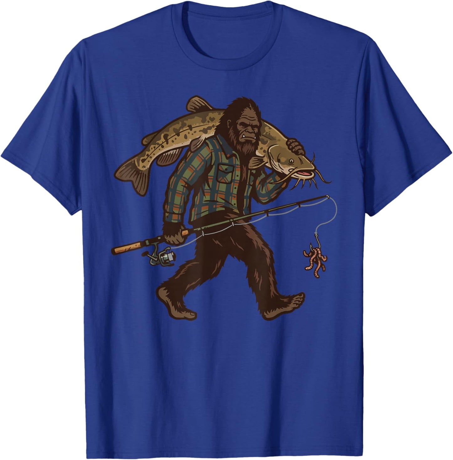 Bigfoot Carrying Flathead Catfish Trophy Fish Funny Fishing T-Shirt - T-Shirt | Royal