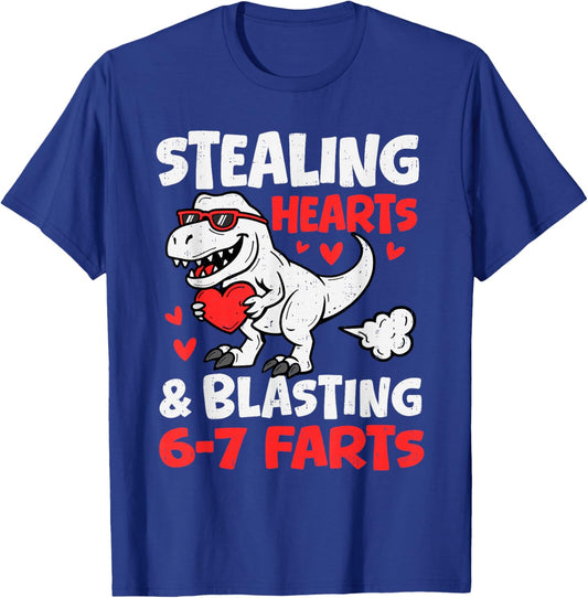 Funny Dino Stealing Hearts Blasting 6 7 Farts Valentines Boy T-Shirt - T-Shirt | Royal