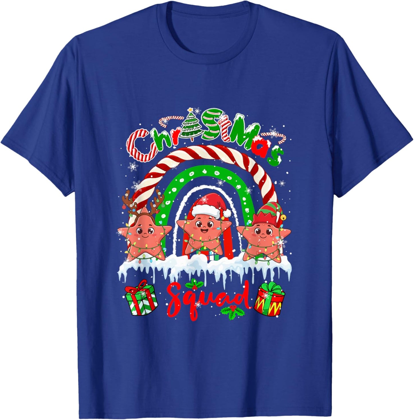 Christmas Squad Three Santa Starfishes Rainbow Candy Canes T-Shirt - T-Shirt | Royal