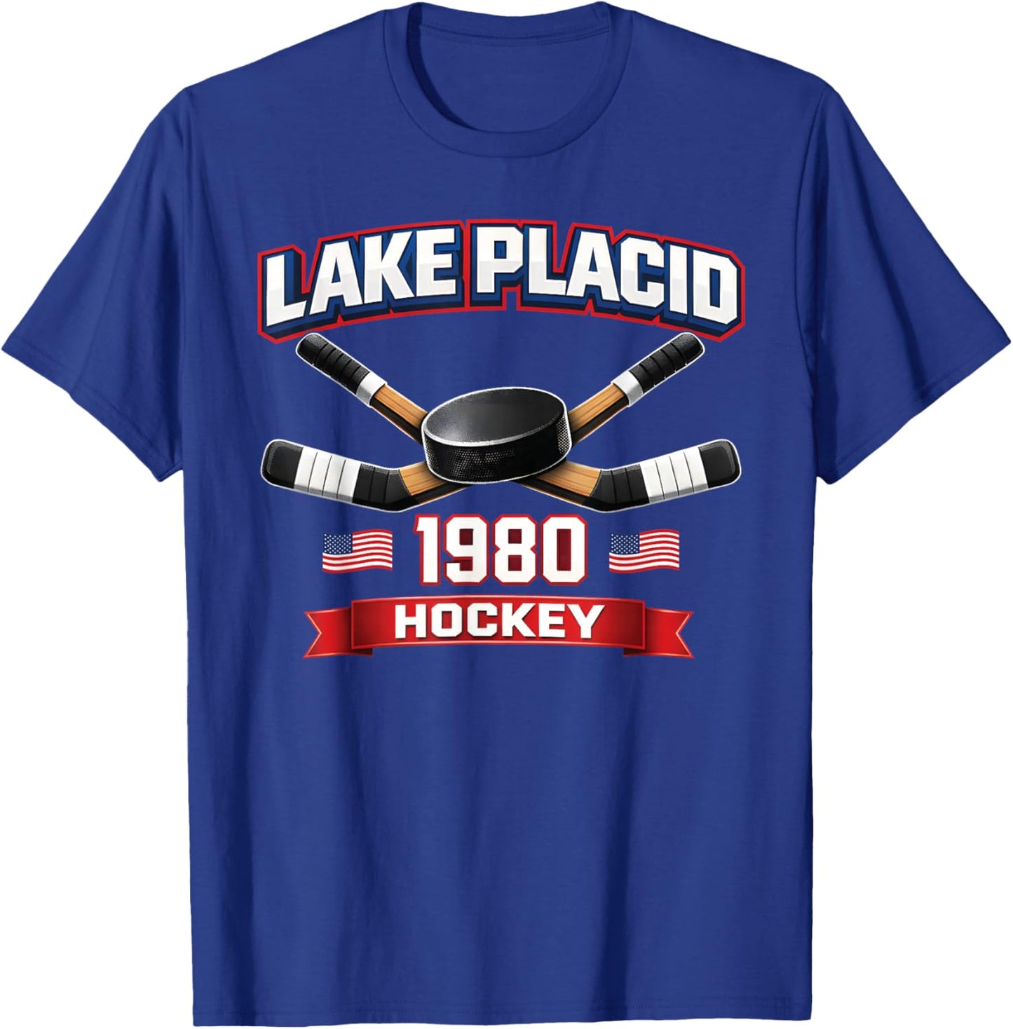 Lake Placid 1980 Hockey Vintage USA Puck New York Essex Goal T-Shirt - T-Shirt | Royal