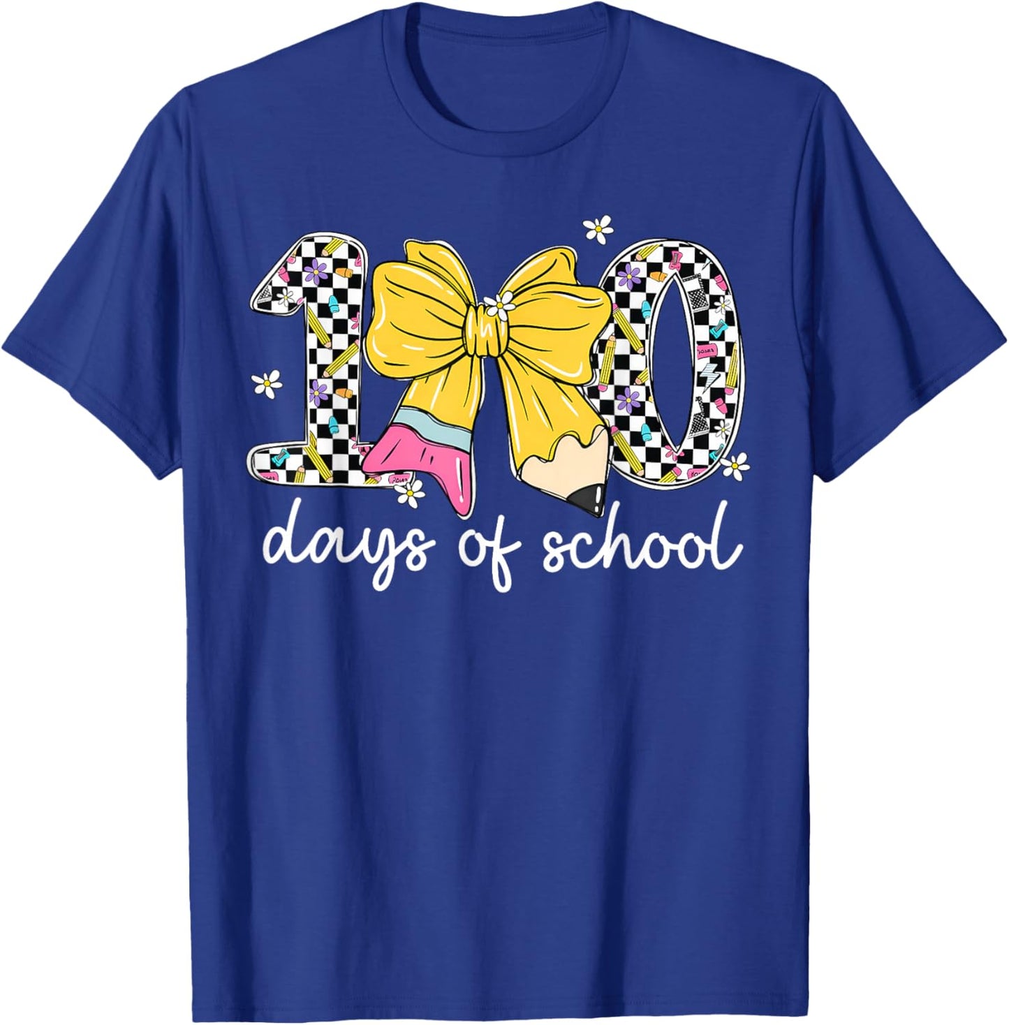 Floral Checkered 100 Days of School Pencil Bow Women Girl T-Shirt - T-Shirt | Royal