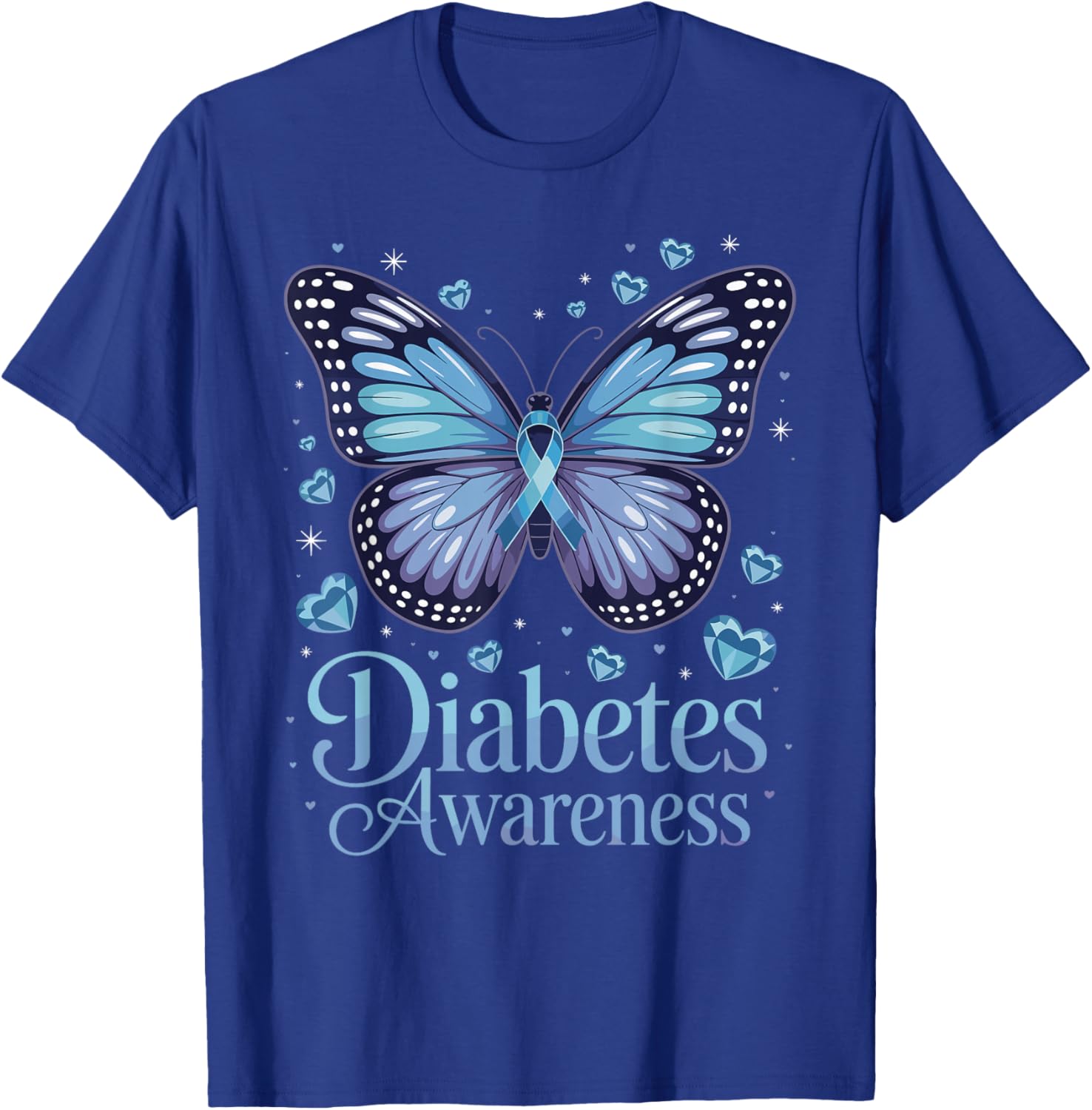 Diabetes Awareness Butterfly Blue Ribbon T1D T-Shirt - T-Shirt | Royal
