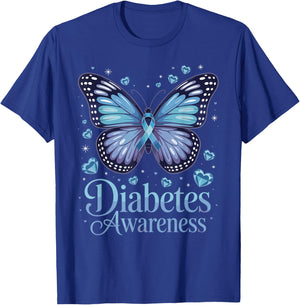 Diabetes Awareness Butterfly Blue Ribbon T1D T-Shirt - T-Shirt | Royal
