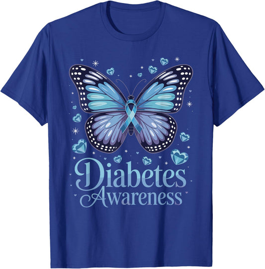 Diabetes Awareness Butterfly Blue Ribbon T1D T-Shirt - T-Shirt | Royal